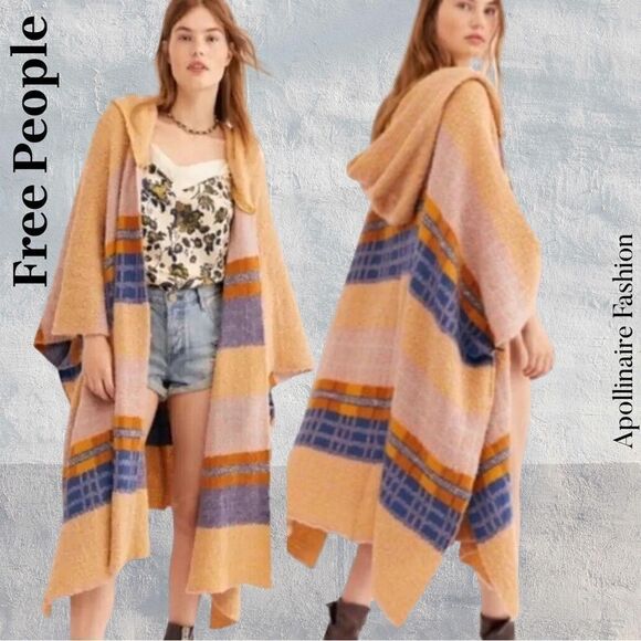 FREE PEOPLE MERCER HOODED KIMONO IN TAN BLUE OS NEW - Picture 1 of 10